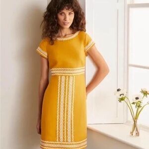 Boden Laura Linen Embroidered Dress Mustard Yellow Short Sleeve Size 6P 6 Petite